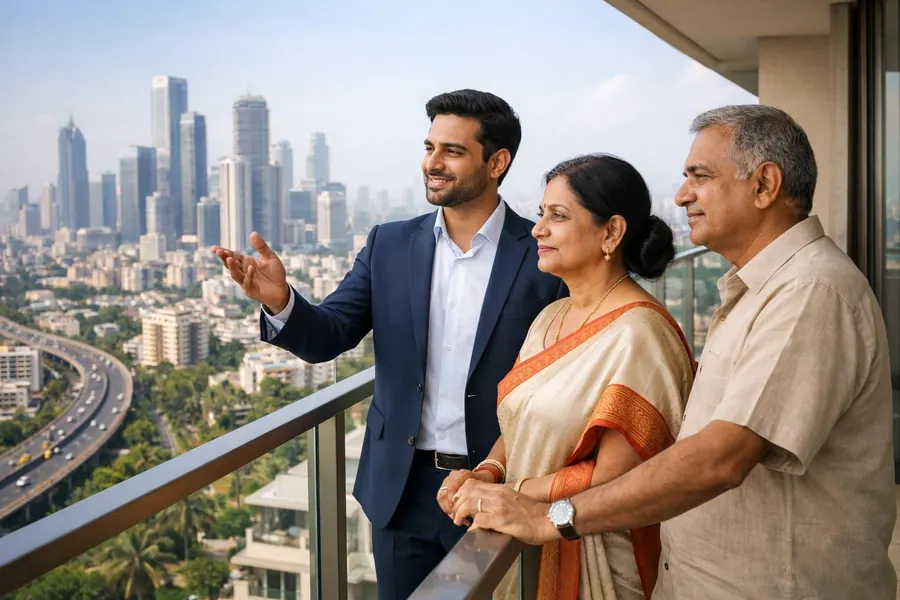 Advisor showing a family the city view from a balcony